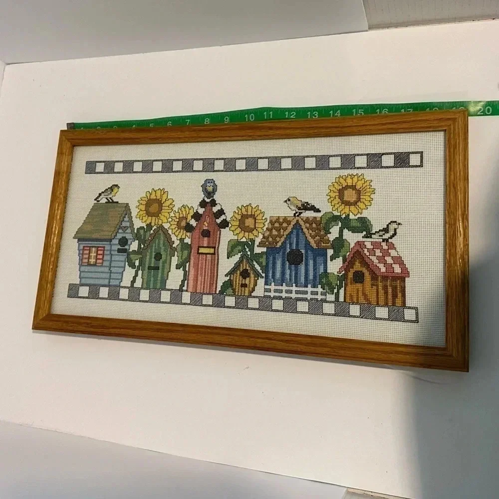 Framed counted, cross, stitch, handmade birdhouse with birds and sunflowers‎